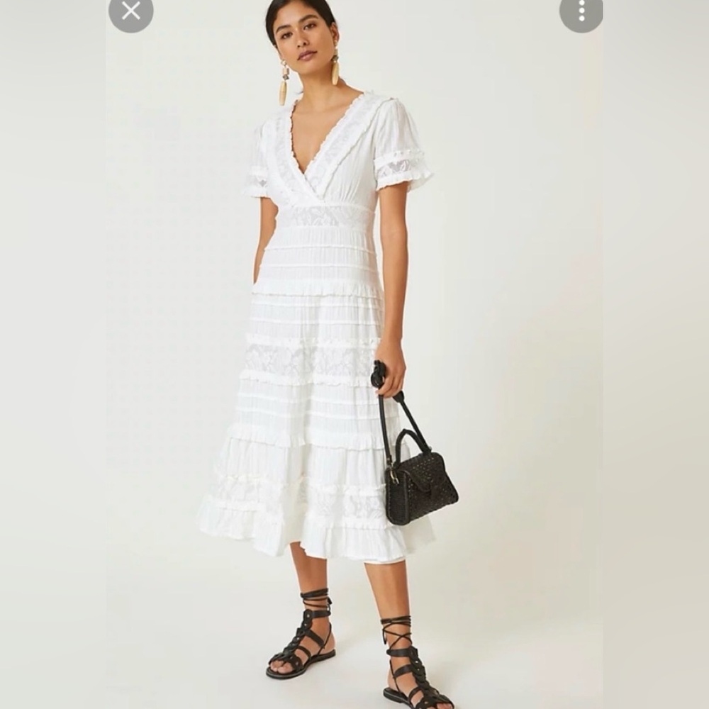 Anthropologie White Tiered Lace Midi Dress